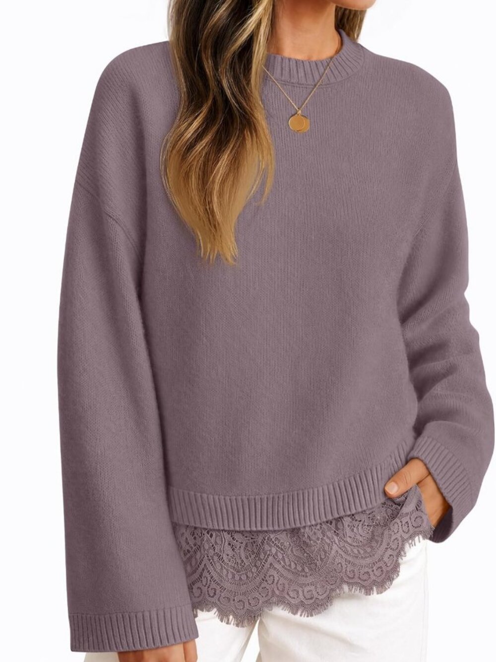 Cozy Lace Trim Pullover Sweater for Women | Fall & Winter Essential Top